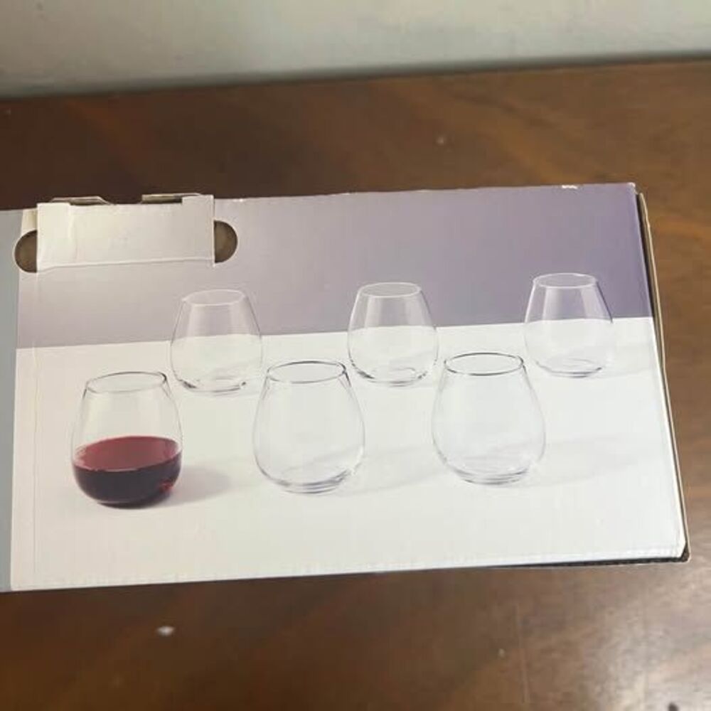 Set of Six Clear Glass Stemless Wine Glasses